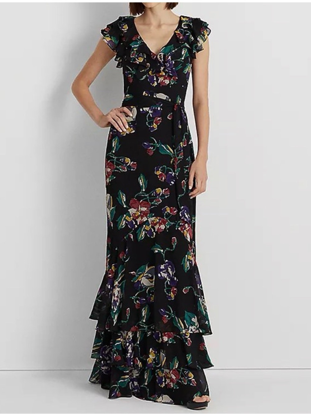 Lauren Ralph Lauren Black Floral Ruffle-Trim Georgette Gown Size 6 - Picture 2 of 14